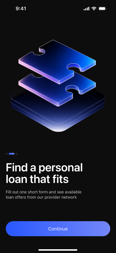 App onboarding screen: Find a personal loan that fits — fill out one short form and see available loan offers from our provider network
